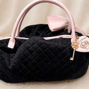 Juicy Couture NWT Black Quilted Velour Bow Satchel Purse Pink Handles Y2K Princess Bag image 4
