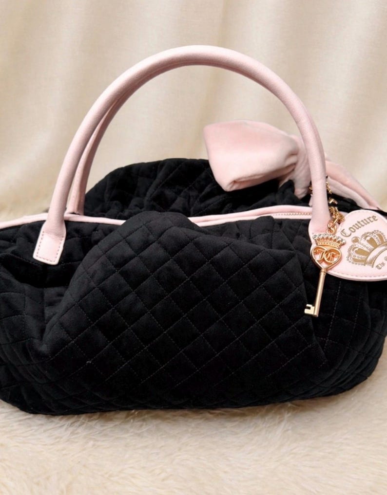 Juicy Couture NWT Black Quilted Velour Bow Satchel Purse Pink Handles Y2K Princess Bag image 4