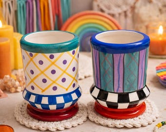 Vintage 1998 CBK Ltd Ceramic Cup Set | Colorful Eclectic Bathroom Cups | Mackenzie Childs Style Toothbrush Holder Set | Retro Vanity Decor