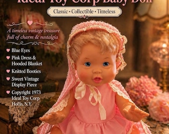 Vintage 1973 Ideal Toy Corp Baby Doll Blonde Blue Eyes Pink Dress Bonnet Blanket Lace Retro Nursery Collectible Display Doll