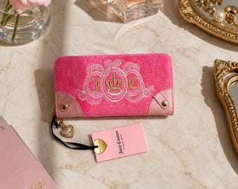 Juicy Couture Pink Terry Cloth Wallet NWT Y2K Crown Zip Around Clutch Coquette Glam Heart Charm