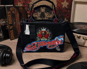NWT Ed Hardy Denim Mini Tote Purse Skull Heart Tattoo Bag Y2K Rockabilly Crossbody Handbag