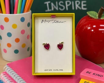 Betsey Johnson Pink Apple Earrings NIB Fuchsia Heart Crystal Studs Teacher Gift Back to School Jewelry Green Leaf Gold Tone