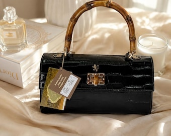 Pratesi K29830 Coffee Leather Bamboo Handle Purse Made in Italy | Genuine Italian Calfskin Croc Embossed Luxury Handbag