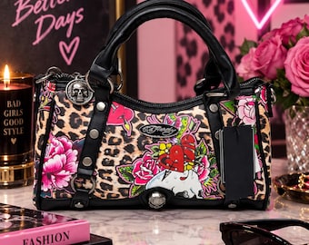 NWT Ed Hardy Skull Leopard Purse Rhinestone Tattoo Handbag Y2K Goth Rockabilly Floral Satchel Bag