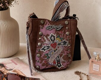 NWT Ed Hardy Brown Rhinestone Mini Crossbody Bag Y2K Tattoo Heart Studded Purse Shoulder Bag Rocker Grunge 2000s