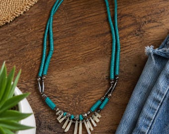 Vintage Southwestern Turquoise Heishi Necklace, Mother of Pearl Fringe Statement Necklace, Boho Santa Fe Jewelry, 22 Inch Artisan Necklace