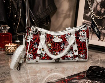 Ed Hardy NWT Red Skull Tattoo Handbag Y2K Punk Rock Shoulder Bag Rhinestone Purse White TriM