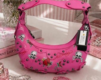 Ed Hardy Pink Skull Heart Purse Y2K Shoulder Bag Studded Tattoo Style NWT Punk Baddie Bag 2000s Fashion Statement Handbag