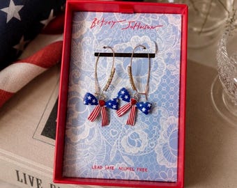 Betsey Johnson Americana Bow Earrings NIB | Patriotic Red White Blue Rhinestone Dangle Earrings | 4th of July Jewelry Gift