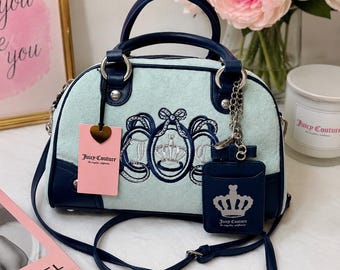 NWT Juicy Couture Terry Cloth Bowler Purse Blue Crossbody Satchel Rhinestone Crown Y2K McBling Handbag