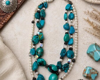 Paige Wallace Turquoise Pearl Necklace, Sterling Silver 3 Strand Statement Necklace, Southwestern Designer Jewelry, Signed Vintage