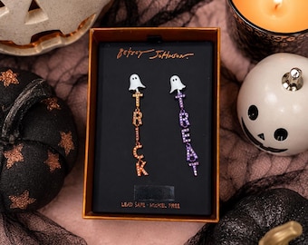 NIB Betsey Johnson Halloween Trick or Treat Earrings | Ghost Rhinestone Dangle Earrings | Orange Purple Statement Jewelry