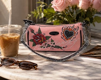 Ed Hardy Pink Rhinestone Rose Flame Heart Shoulder Bag Purse NWT Y2K