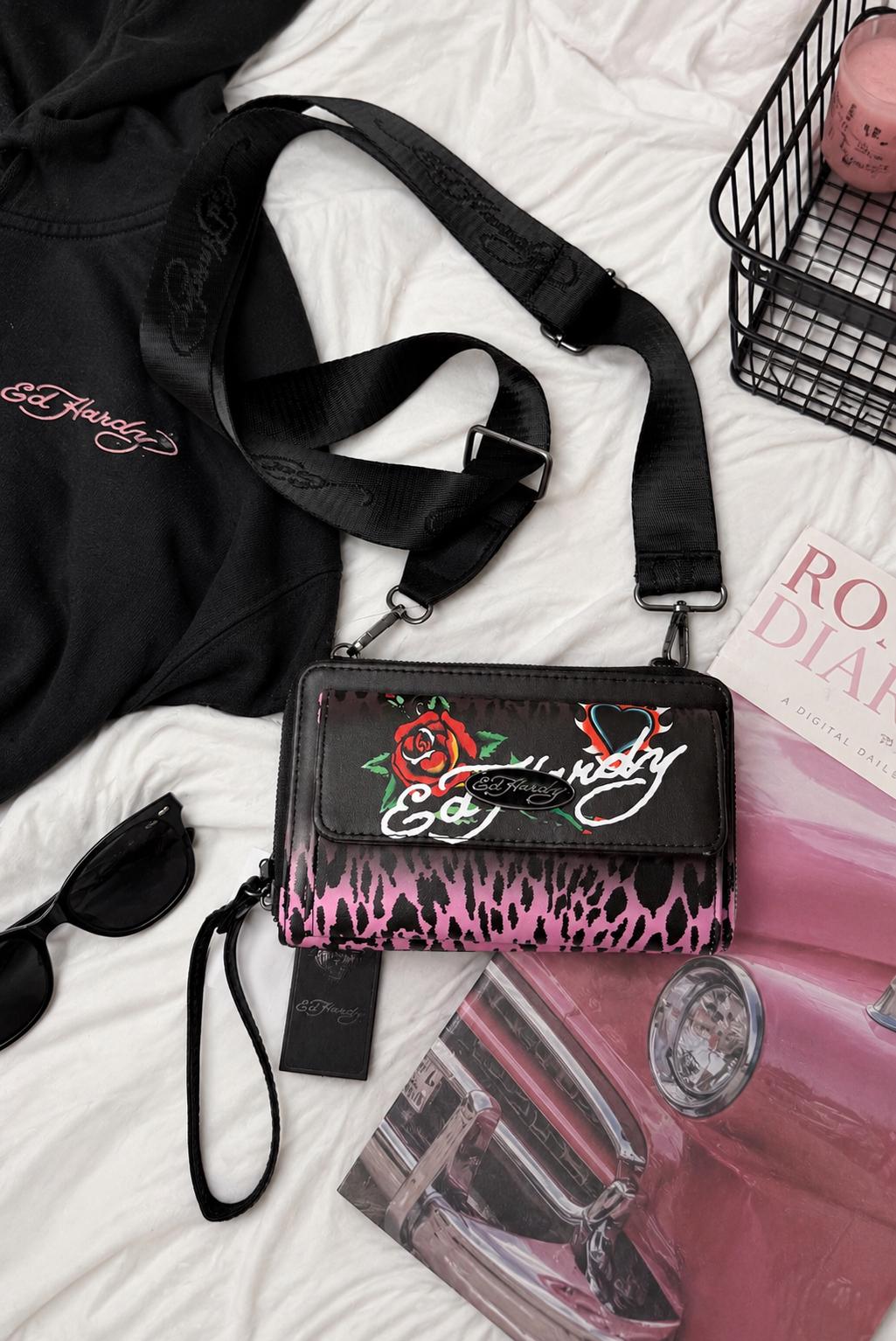 NWT Ed Hardy Pink Leopard Rose Crossbody Wallet Purse Y2K Emo Goth
