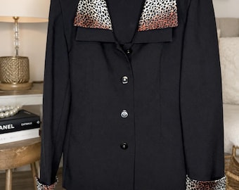 Vintage Y2K Sweet Suit Black Blazer Animal Print Collar Shoulder Pads 90s Career Jacket Women’s Retro Office Wear