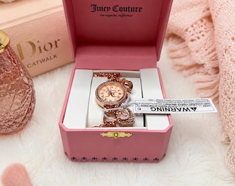 Juicy Couture Rose Gold Charm Bracelet Watch – NIB in Original Pink Gift Box | Rhinestone Heart Charms | Gift Ready