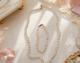 Vintage Cultured Freshwater Pearl Necklace & Bracelet Set | Genuine 10K Gold Clasps | Fine Pearl Jewelry | Bridal Gift