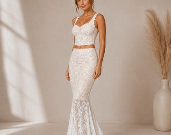Ivory Lace Two Piece Bridal Set, Mermaid Skirt, Sweetheart Neckline Crop Top