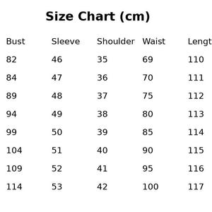 May include: A white size chart with black text. The chart is labeled "Size Chart (cm)" and lists sizes S through 5XL. Measurements include bust, sleeve, shoulder, waist, and length in centimeters. The bust measurements range from 82 cm to 114 cm.