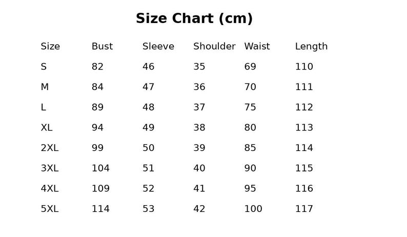 May include: A white size chart with black text. The chart is labeled "Size Chart (cm)" and lists sizes S through 5XL. Measurements include bust, sleeve, shoulder, waist, and length in centimeters. The bust measurements range from 82 cm to 114 cm.