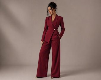 Red Elegant Women Pantsuit Set, 2 Piece Blazer & Wide Leg Trousers, Power Suit, Office Outfit