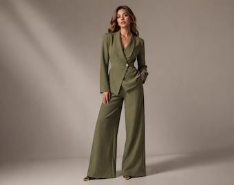 Elegant Women Pantsuit Set, 2 Piece Blazer & Wide Leg Trousers, Power Suit, Office Wear Outfit