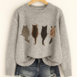 Katzen Motiv Strickpullover - Hellgrauer Rundhals Pullover, Katzen Liebhaber Geschenk