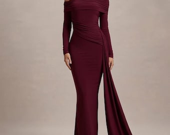 Burgundy Off-Shoulder Gown | Milk Silk Long Sleeve Evening Dress