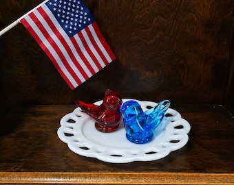 Vintage Patriotic Vignette America's 250th Anniversary Decor Bluebird of Happines & Cardinal of Love Hand Blown Glass Birds Milk Glass Decor