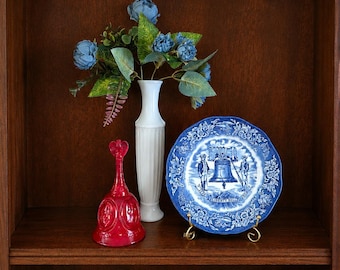 Vintage Patriotic Vignette America's 250th Anniversary Vignette Liberty Blue Plate MCM Decor Fenton Red Slag Bell Milk Glass Vase Collection