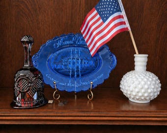 Vintage Patriotic Vignette America's 250th Anniversary Fostsoria Blue Plate Red Glass Bell Milk Glass Bud Vase Decor Americana Farmouse Gift