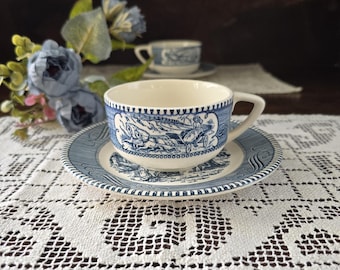 Currier & Ives Teacup + Saucer MCM Blue Transferware Classic Hutch Decor Horse + Carriage Teacup Ironstone Steamboat Saucer Farmhouse Decor