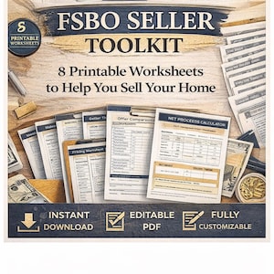 May include: An FSBO Seller Toolkit with 8 printable worksheets to help sell your home. The image shows a stack of worksheets, cash, and a gold coin. The toolkit is an instant download, editable PDF, and fully customizable.