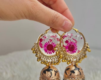 Handmade Resin Flower Earrings, Real Dried Flower Jewelry, Gold Jhumka Style Dangle Earrings, Unique Gift for Her