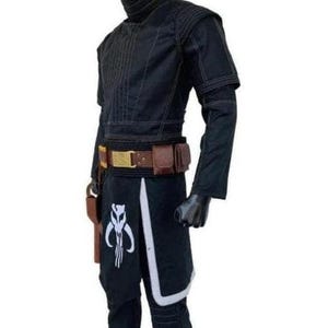 May include: Black costume with a high collar, featuring a brown belt with pouches and a holster. The pants have a white and black design with a skull emblem. The outfit is displayed on a mannequin.