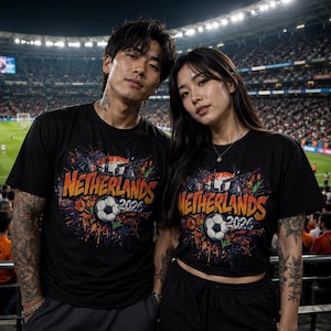 Pu&ograve; includere: Due persone indossano magliette nere con un design grafico colorato. Il design include la parola "Netherlands" in arancione, un pallone da calcio e l'anno "2026". Lo sfondo mostra uno stadio con spettatori.