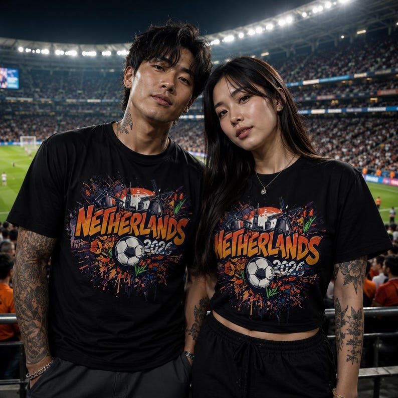 Pu&ograve; includere: Due persone indossano magliette nere con un design grafico colorato. Il design include la parola "Netherlands" in arancione, un pallone da calcio e l'anno "2026". Lo sfondo mostra uno stadio con spettatori.