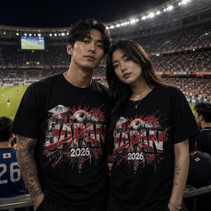 Pu&ograve; includere: Due persone indossano magliette nere con un design grafico. Il design presenta la parola "JAPAN" in rosso e bianco, un pallone da calcio e l'anno "2026". Lo sfondo mostra uno stadio pieno di spettatori.