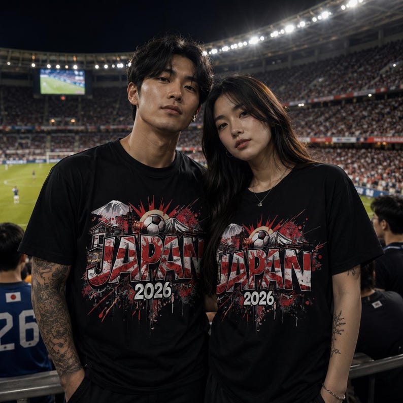 Pu&ograve; includere: Due persone indossano magliette nere con un design grafico. Il design presenta la parola "JAPAN" in rosso e bianco, un pallone da calcio e l'anno "2026". Lo sfondo mostra uno stadio pieno di spettatori.