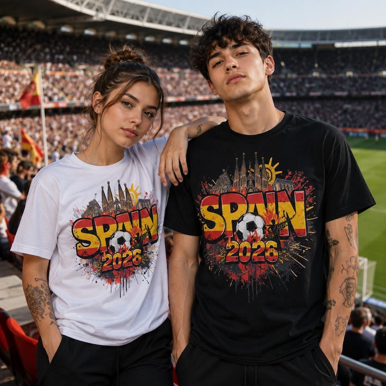 Pu&ograve; includere: Due persone indossano magliette con un design Spagna 2026. Le magliette presentano la parola "SPAIN" in giallo e rosso, un pallone da calcio e una grafica di uno skyline. Una maglietta &egrave; bianca, l'altra &egrave; nera.
