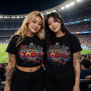 Pu&ograve; includere: Due persone indossano magliette nere con una grafica colorata che dice "SOUTH KOREA 2026". Il design presenta un'immagine stilizzata di un edificio e il testo &egrave; in rosso, blu e arancione. Sono in uno stadio.