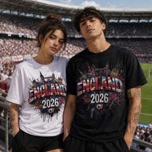 Pu&ograve; includere: Due persone indossano magliette bianche e nere con la scritta "ENGLAND" in un design patriottico, l'anno "2026" e un pallone da calcio. Le magliette presentano monumenti iconici di Londra.