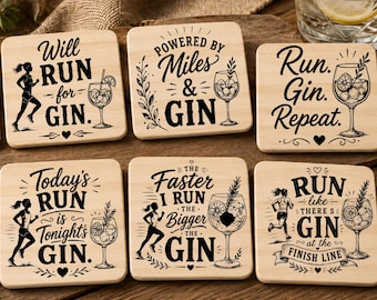 Funny Running Gin Coaster | Runner Gift | Marathon Gift | Wooden Engraved Coaster | Gin Lover Present | Square or Round Pine Coaster