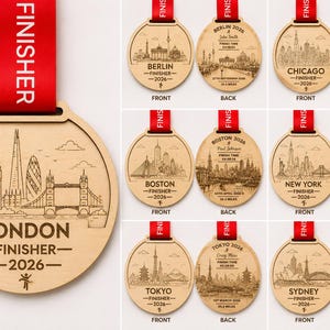 Runners Christmas Gift , Marathon Finisher, Post Race Running Gift, A circular wooden finisher medal featuring a laser-engraved city skyline, the text LONDON FINISHER 2026, and a red ribbon with the word FINISHER printed in white.