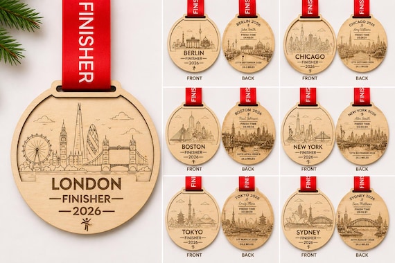 Personalised Marathon Ornament, Wooden Christmas Tree Decoration, Race Finisher Gift for Runners, London New York Berlin Marathon Keepsake