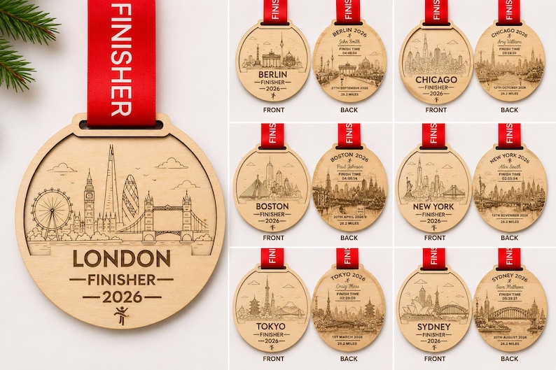 Runners Christmas Gift , Marathon Finisher, Post Race Running Gift, A circular wooden finisher medal featuring a laser-engraved city skyline, the text LONDON FINISHER 2026, and a red ribbon with the word FINISHER printed in white.