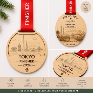 Personalised Tokyo Marathon Medal Finisher Christmas tree orament, Custom Engraved Bauble running gift, runners christmas gift, Personalized engraving with name , race finish time, year and date , Abbots world Marathon series. Running Gift