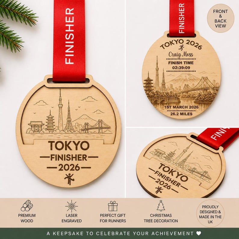 Personalised Tokyo Marathon Medal Finisher Christmas tree orament, Custom Engraved Bauble running gift, runners christmas gift, Personalized engraving with name , race finish time, year and date , Abbots world Marathon series. Running Gift