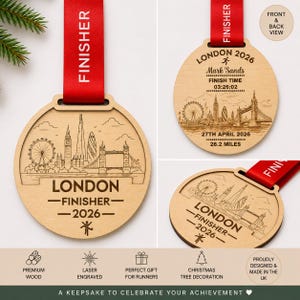 Marathon circular wooden finisher medal featuring a laser-engraved London skyline, including the London Eye, Big Ben, and Tower Bridge. The text reads LONDON FINISHER 2026 with a runner icon. It includes a red ribbon with the word FINISHER. , Custom engraved with name , race finish time, year and date , Abbots world Marathon series. Christmas gift for Runner